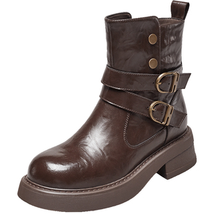 意尔康西部美拉德加绒马丁靴女冬2025新款百搭显瘦厚底增高短靴女