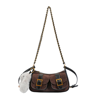 美拉德棕色机车风双口袋马鞍包2025复古磨砂女小众链条单肩腋下包