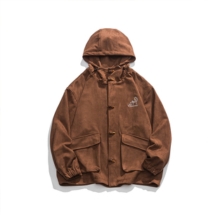 阿于呆复古秋冬牛角扣连帽厚外套男女情侣日系宽松麂皮绒夹克棉服