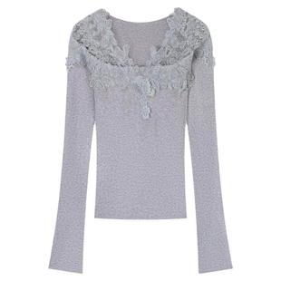 绝美洋气蕾丝拼接内搭气质修身长袖针织毛衣女春秋冬季打底衫上衣