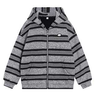 男童秋冬韩范条纹加绒针织外套2025新款儿童加厚宽松连帽开衫卫衣