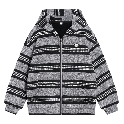 韩范条纹一体绒宽松连帽针织外套