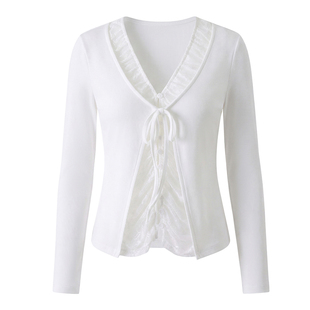 HAMYIHO纯欲镂空假两件系带开衫女t恤短款蕾丝拼接长袖打底衫上衣