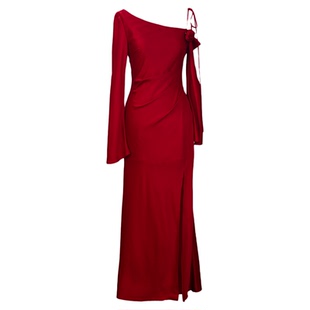 IRISY 「玫」长袖订婚礼服气质高级感新娘红色敬酒服斜肩连衣裙