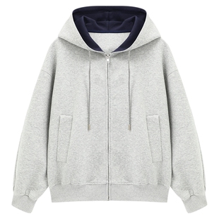 百家好慵懒撞色开衫卫衣女春季2026新款宽松外套韩式拉链连帽上衣