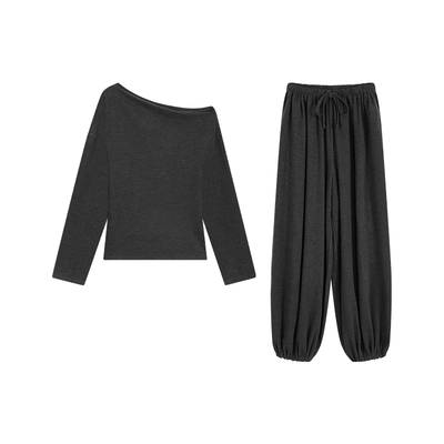 斜肩长袖针织上衣女休闲裤两件套