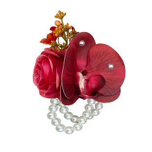 原创森系酒红色蝴蝶兰新娘婚礼珍珠链手腕花伴娘姐妹团伴手礼手花