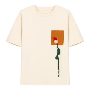 SAME FLOW 法式原创立体花朵刺绣短袖T恤夏季百搭宽松休闲上衣