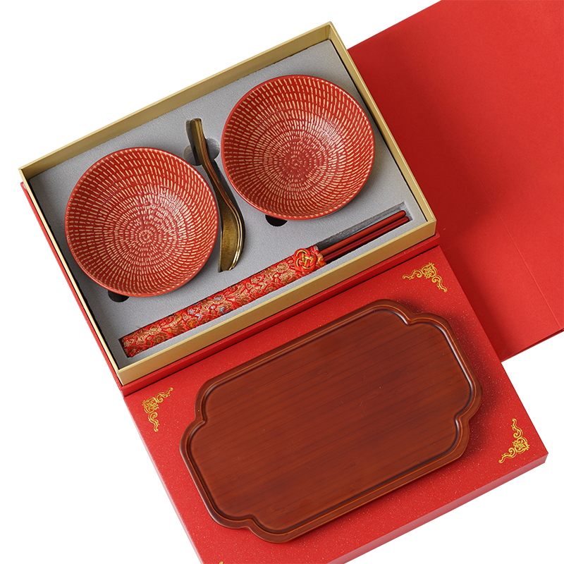 结婚喜碗一对红色对碗筷餐具套装