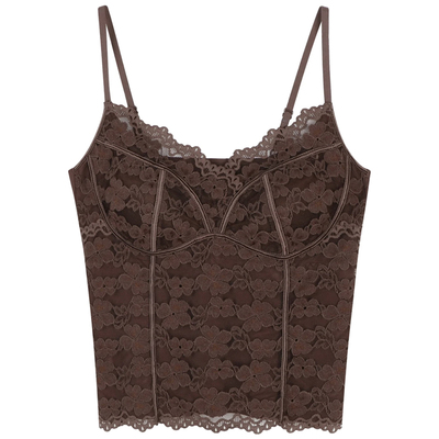 棕色蕾丝保暖吊带背心内衣女自带胸垫内搭可外穿细肩带打底衫上衣