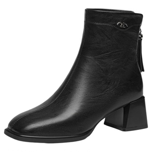 红蜻蜓皮鞋女妈妈靴子冬靴高跟短靴女鞋洋气女士鞋子粗跟中年棉鞋