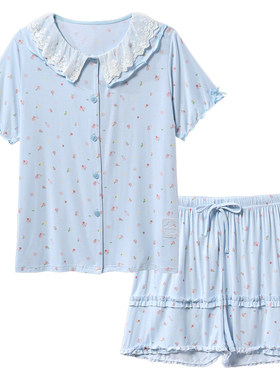 tutuanna睡衣女款夏 人棉娃娃领碎花前扣短袖短裤家居服女套装