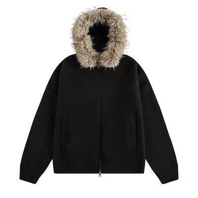 大码胖mm黑色可拆卸毛领针织衫