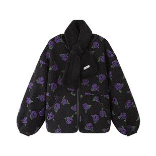 三福厚外套女2025冬季复古满版玫瑰花图案保暖围脖上衣女装849134