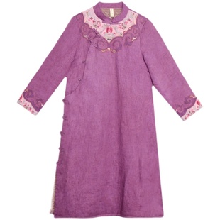 远镇冬夹棉衣加绒连衣裙中长款拼接盘扣亚麻棉服中式复古女装