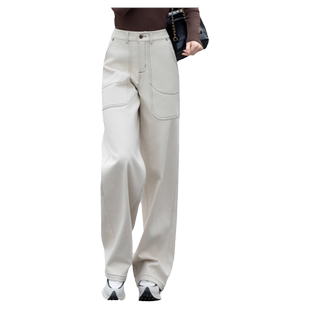 清仓米白色休闲裤女2025新款秋冬加绒女裤松紧高腰直筒裤阔腿长裤