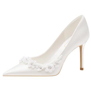 雪绒花rosecastle原创法式婚鞋女花朵新娘主婚纱白色高跟礼服单鞋