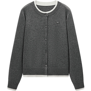 爱居兔假两件针织开衫女春秋新款灰白撞色学院风打底衫上衣