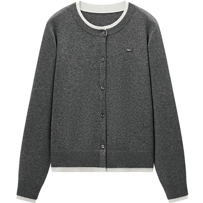 爱居兔假两件针织开衫女春秋新款灰白撞色学院风打底衫上衣