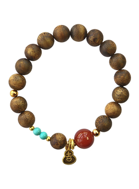 天然沉香南红绿松单圈手串