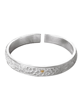 足银999国风牡丹手镯女纯银镶金实心开口镯子轻奢小众精致送妈妈