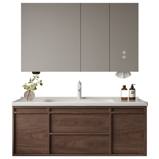 欧派中古风陶瓷一体盆浴室柜组合卫生间胡桃木洗脸盆柜洗漱台盆柜