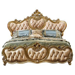 欧式大床 美式别墅大户型头层真皮香槟色实木床公主2米婚床主卧