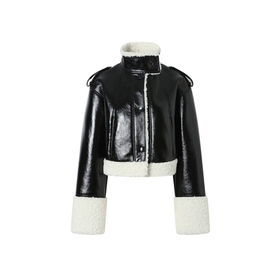 JAC FLEURANT新款黑色立领拼PU毛皮一体外套女时尚百搭女冬装