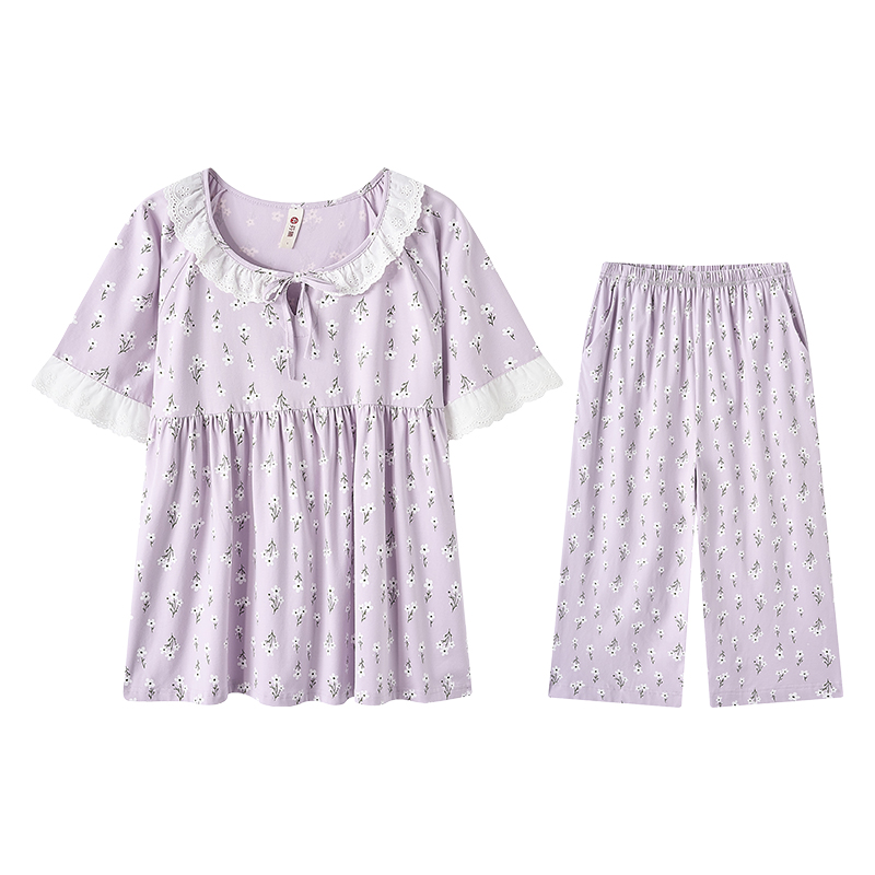 芬腾2025年夏季新款纯棉短袖短裤睡衣女碎花蕾丝花边家居服套装