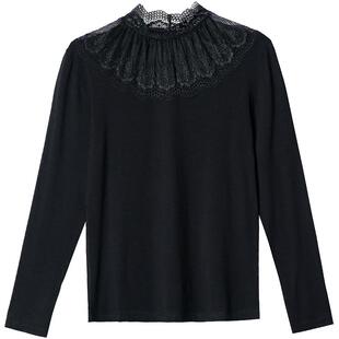 百搭秋衣女修身立领莫代尔上衣长袖半高领打底衫春秋黑色蕾丝小衫