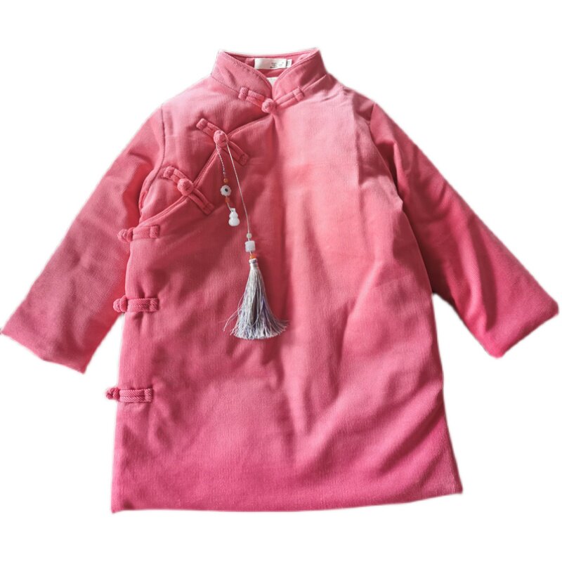 玉想童装 中式女童宝宝拜年服粉色灯芯绒传统立领盘扣加厚长棉袄