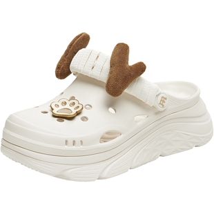 天美意浪花洞洞鞋可爱毛绒厚底凉拖鞋女外穿透气沙滩鞋2026夏新款