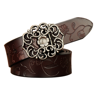 复古压花牛皮女士皮带真皮宽腰带男女款装饰裙子配牛仔裤带高级感