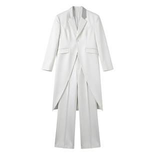 丁禹兮同款解构燕尾短款西服男个性设计感光感缎面银色小西装外套