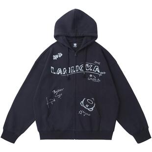 LAMLICKA美式潮牌开衫卫衣秋冬宽松重磅连帽oversize情侣拉链外套