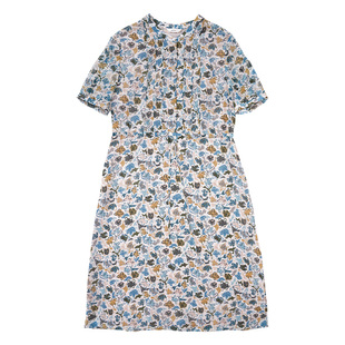 HONRN/红人薄款系带收腰印花短袖桑蚕丝真丝连衣裙女夏HI22OL498