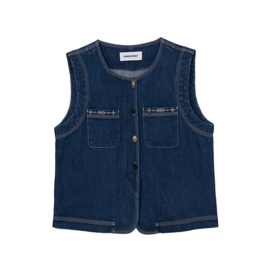 松弛感撞色绣花直身牛仔马甲