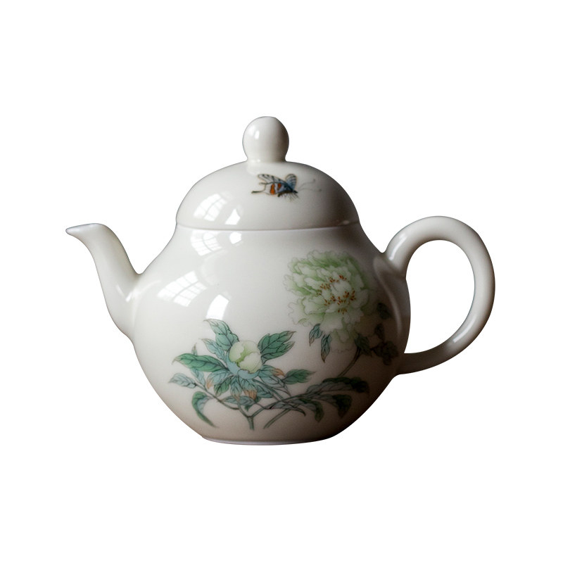 观岚杏白釉绿牡丹手绘茶壶单壶