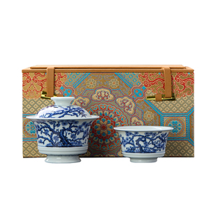 景德镇官方陶瓷盖碗手绘青花瓷马蹄杯盖碗泡茶专用盖碗茶杯套装