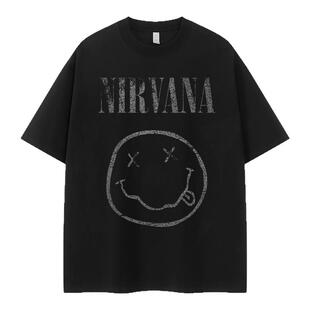 NIRVANA涅槃乐队复古美式街头vtg落肩宽松纯棉圆领摇滚短袖T恤衫