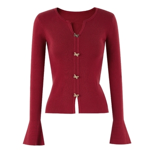 秋水伊人红色毛针织衫V领2025年冬季新款优雅气质设计感打底上衣