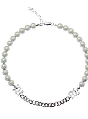 ins字母M项链拼接珍珠项链反光男女个性潮人嘻哈哥特风链子锁骨链