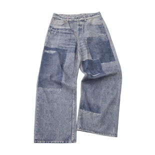 STABLE CIRCLE 25ss复古拼布3d活性数码印花baggy阔腿牛仔裤