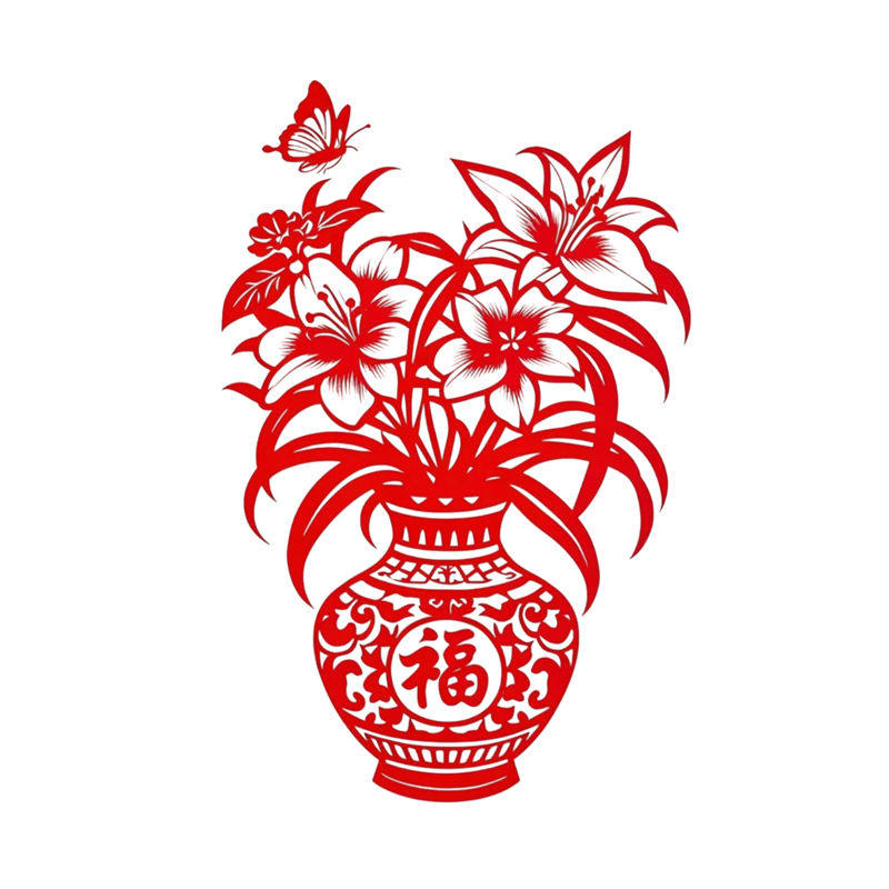 剪纸墙贴中国风花瓶花卉自粘防水贴纸家居装饰贴画红色装饰剪纸贴