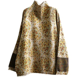 复古印花半高领棉线毛衣女宽松显瘦秋装袖口撞色不起球打底针织衫