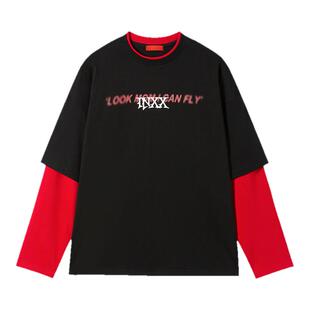 明星同款 INXX美式休闲假两件长袖T恤男字母印花撞色上衣打底衫潮