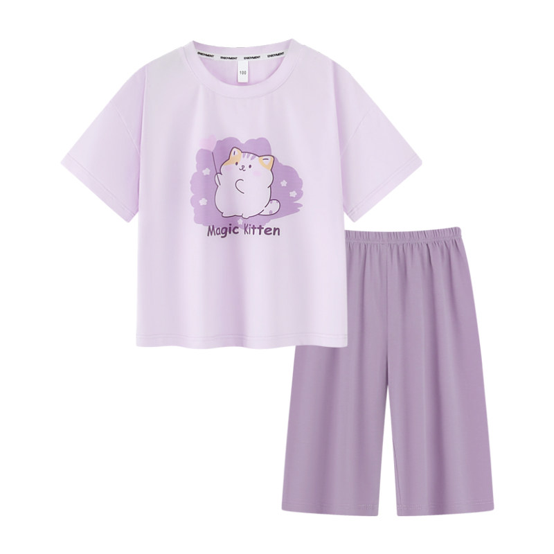 安之伴童装夏季新品5A莱赛尔婴儿棉氨通睡衣女童七分裤家居服套装