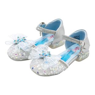 迪士尼艾莎儿童公主鞋2026夏季新款女童中大童软底小高跟水晶鞋子