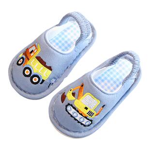 春秋季一岁男儿童棉布拖鞋宝宝卡通挖掘机包头软底防滑女小孩汽车