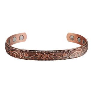 红铜手镯男女同款复古花朵手镯实心铜磁疗防辐射手串开口可调节